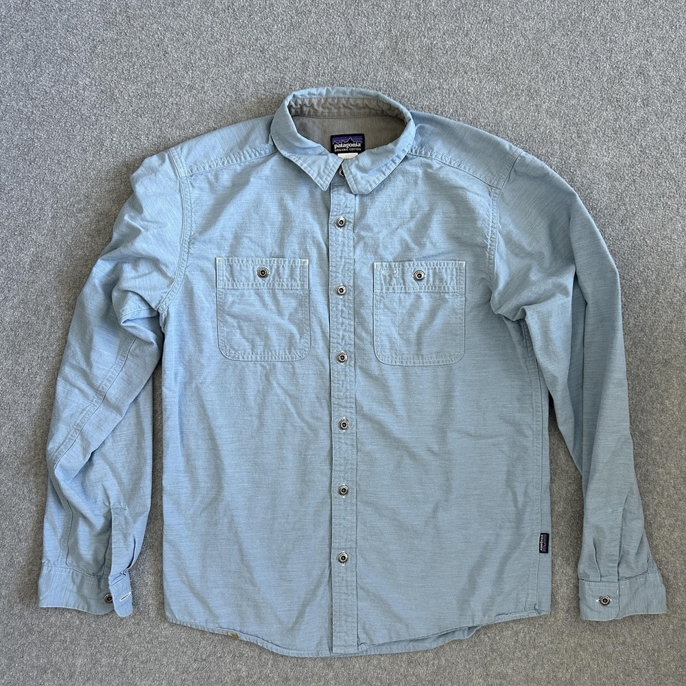 Patagonia Shirt Men Small Blue Organic Cotton Chambray Button Up Work Shirt Flaw